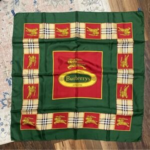 Vintage Burberrys London Silk Scarf Green Red Equestrian Prorsum Knight Logo